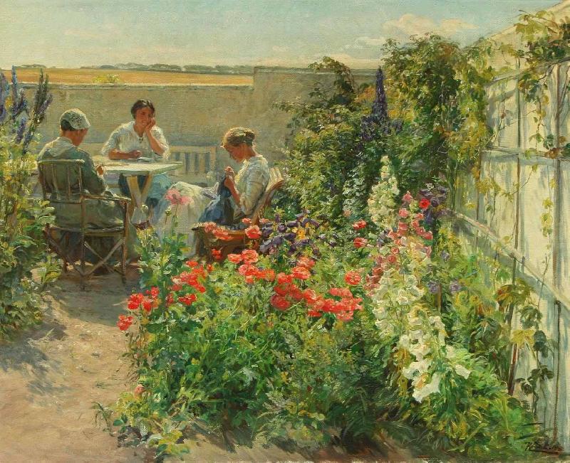 Blomstrende haveeksterir med tre kvinder ved et bord, Knud Bergslien